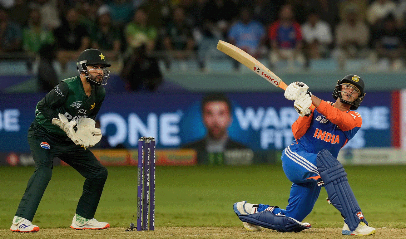 India's Abhishek Sharma plays a shot during the Asia Cup cricket match between India and Pakistan at Dubai International Cricket Stadium, United Arab Emirates, on September 21, 2025. (AP)