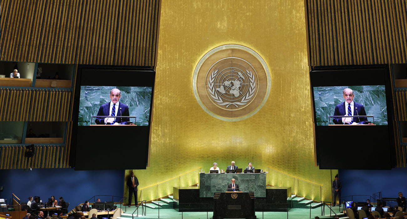 Pakistan's Prime Minister Muhammad Shehbaz Sharif speaks during the 79th Session of the United Nations General Assembly at the United Nations headquarters in New York City on September 27, 2024.
