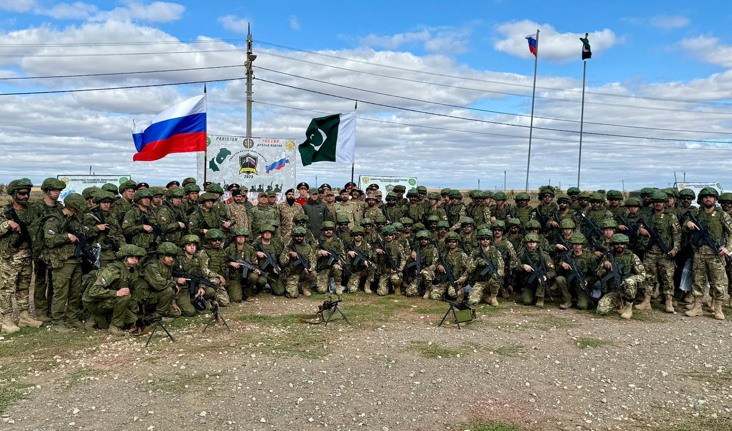 The photo published on September 26, 2025, shows Pakistani and Russian forces that conducted a joint military exercise. (Pakistani military's media wing)