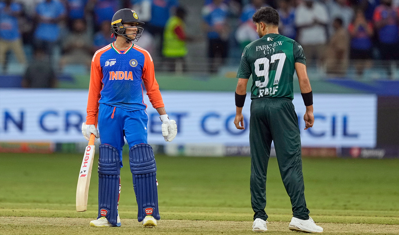 India’s Abhishek Sharma and Pakistan’s Haris Rauf (right) exchange words during the Asia Cup cricket match between India and Pakistan at Dubai International Cricket Stadium in Dubai, United Arab Emirates, on September 21, 2025. (AP/File)