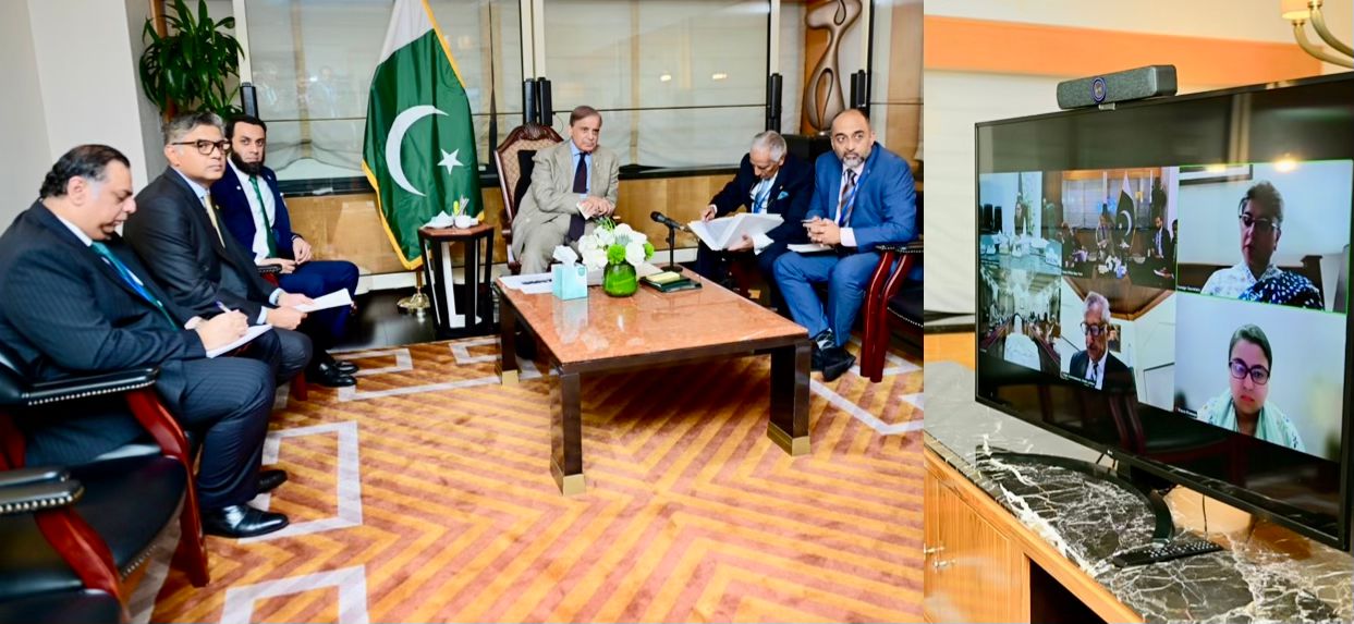 Pakistan Prime Minister Shehbaz Sharif chairs a meeting to review the trade situation with Malaysia via video link from New York on September 27, 2025. (Handout/PMO)