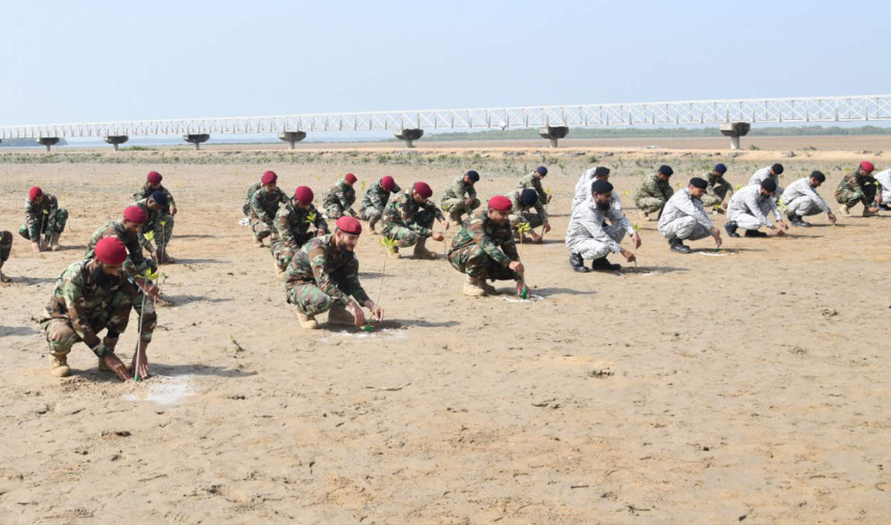 In this handout photo dated September 28, 2025, Pakistan Navy personnel plant saplings during the Mangrove Plantation Campaign 2025 at Bin Qasim, Gharo. (Pakistan Navy/Handout)