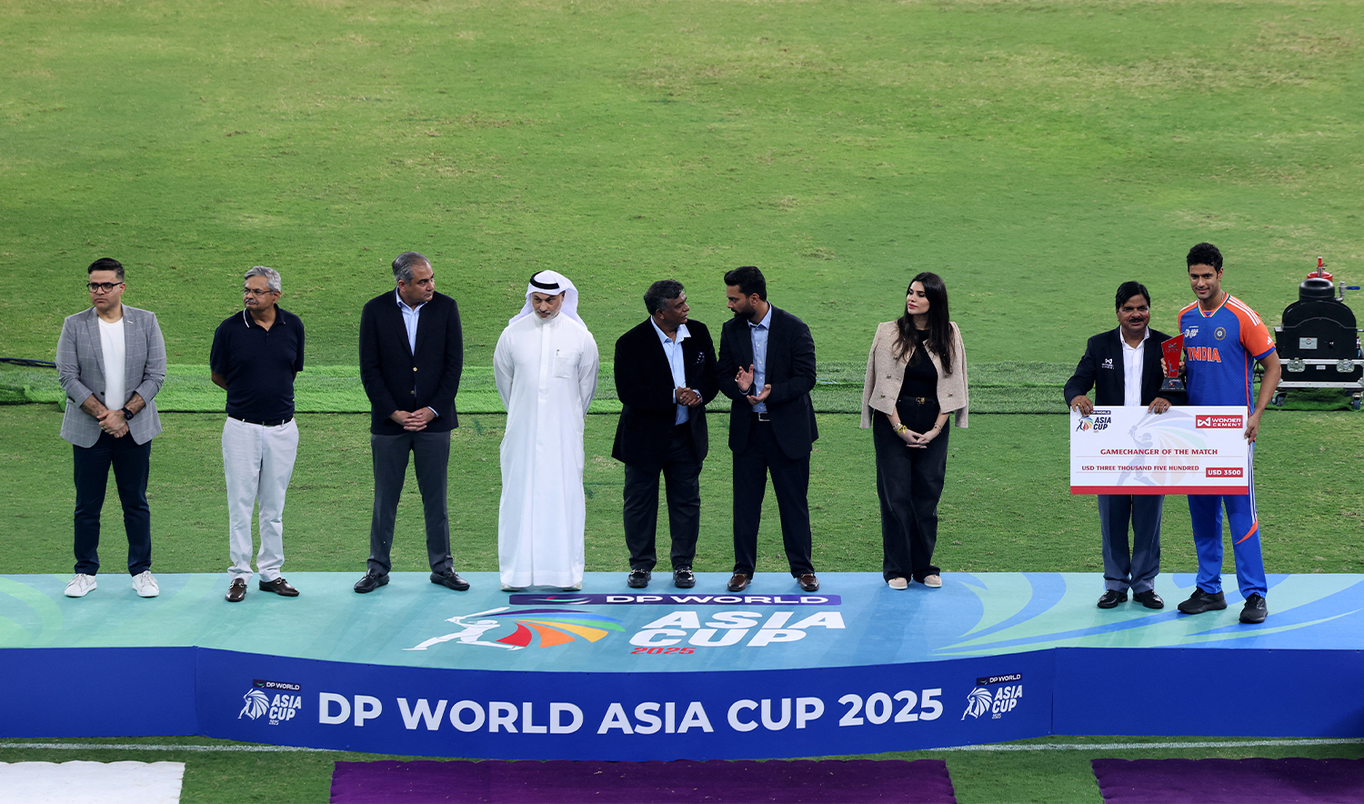 General view as Asian Cricket Council and Pakistan Cricket Board chairman Mohsin Naqvi stands on the podium with Emirates Cricket Board Vice Chairman Khalid Al Zarooni before the trophy presentations after the India v Pakistan match final in the Asia Cup in Dubai International Cricket Stadium, Dubai, UAE, September 28, 2025. (REUTERS)