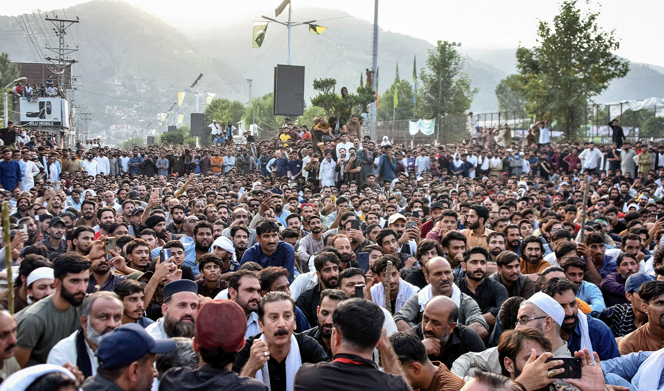 Awami Action Committee (AAC) members gather as they take part in a demonstration in Muzaffarabad, the capital of Pakistan-administered Kashmir, on September 29, 2025, demanding structural reforms along with political and economic rights. (AFP/File)