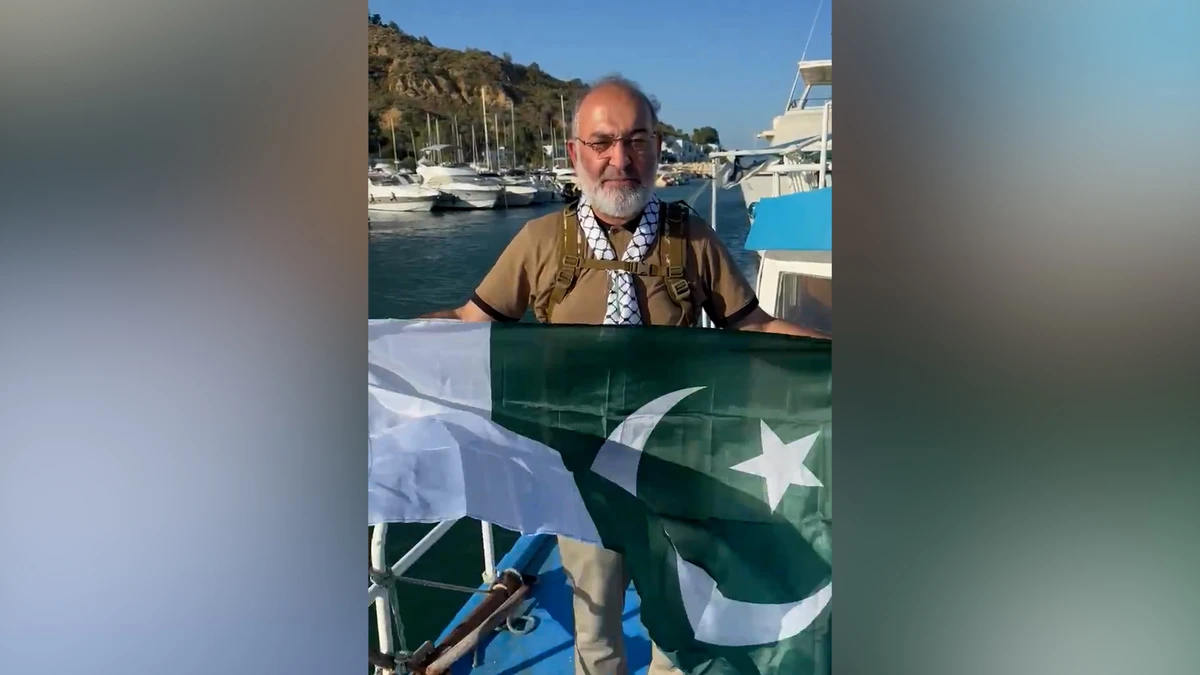 The screengrab taken from a video posted by Pakistani politician Mushtaq Ahmad Khan on August 31, 2025, shows Mushtaq Ahmad Khan speaking in a video message from a Tunisian port. (Mushtaq Ahmad Khan)