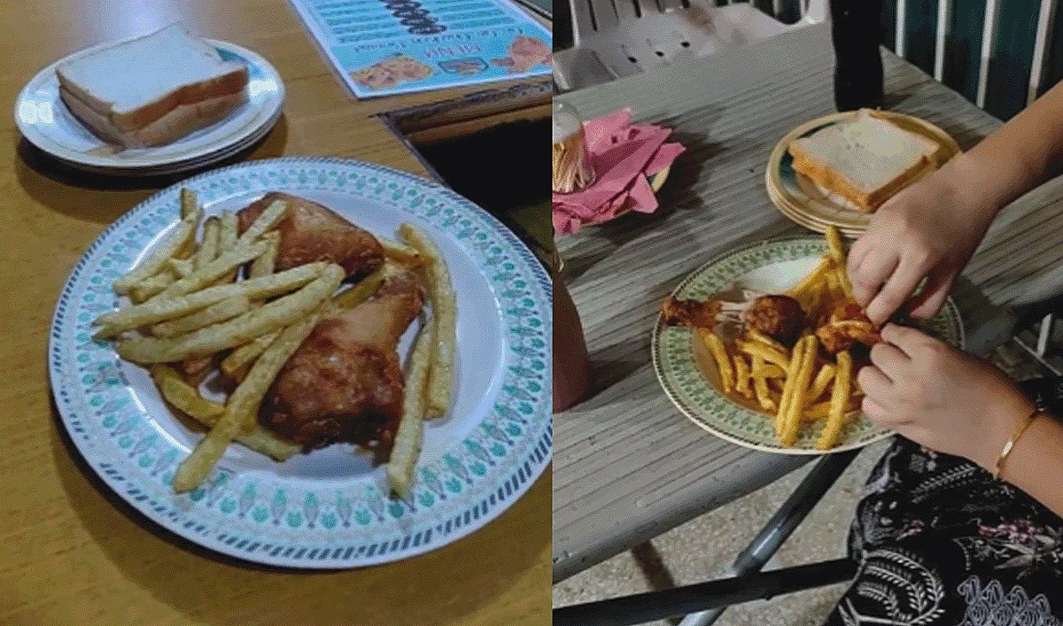 A collage of images created on September 3, 2025, shows a plate of broast ready for serving (left) and a customer having broast with fries in Islamabad, Pakistan. (AN Photo)