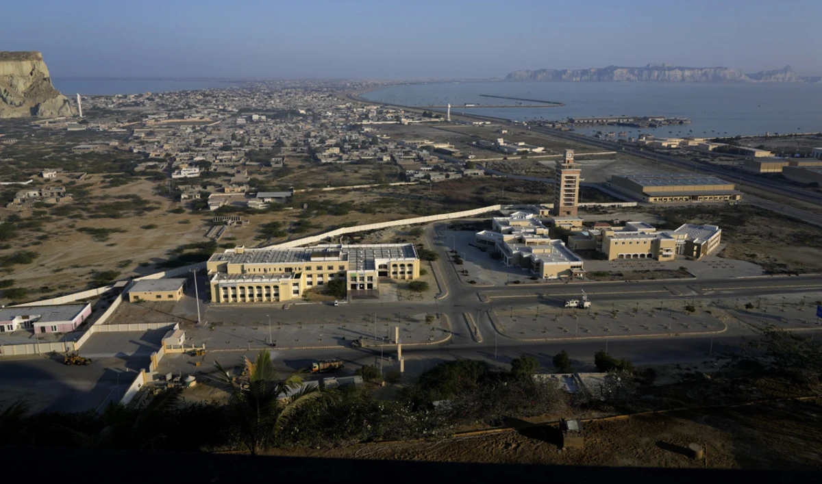 This photo, taken on January 14, 2025, shows a generic view of a newly developing area (bottom) and the downtown area seen from a hilltop in Pakistan’s coastal city of Gwadar, Balochistan. (AP/File)