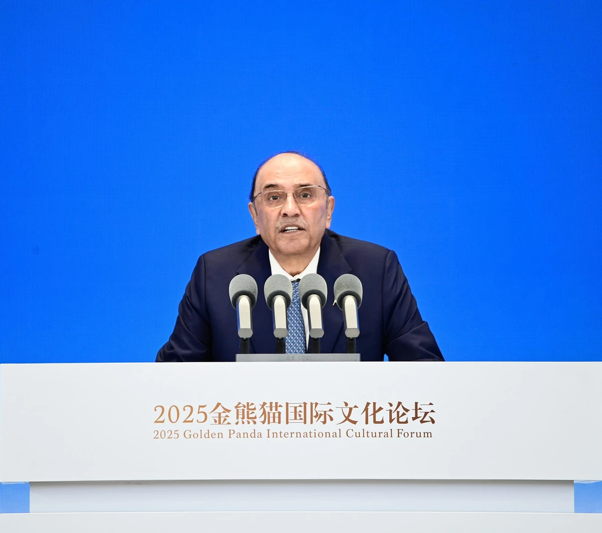 Pakistan President Asif Ali Zardari addresses at the Second Golden Panda Awards International Culture Forum in Chengdu, China on September 13, 2025. (APP)