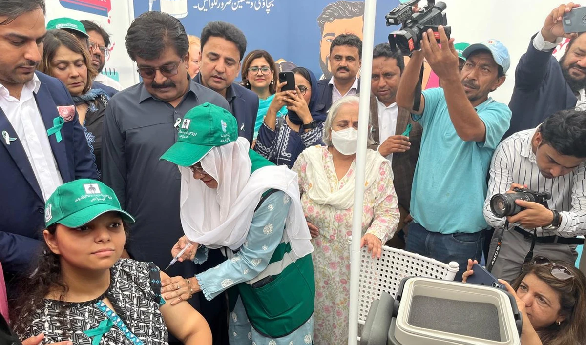 A girl receives the Human Papillomavirus (HPV) vaccine at the launch of the campaign, in Karachi, Pakistan, on September 15, 2025. (Handout/Government of Sindh)
