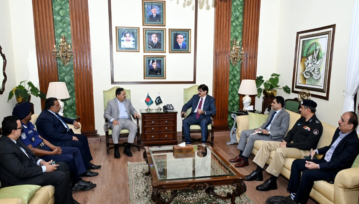 Sindh Chief Minister Syed Murad Ali Shah meets with Bangladesh Home Secretary Nasimul Ghani and Iqbal Hussain Khan, the High Commissioner of Bangladesh, at the Chief Minister's House in Karachi on September 25, 2025. (Handout/CMSindh)