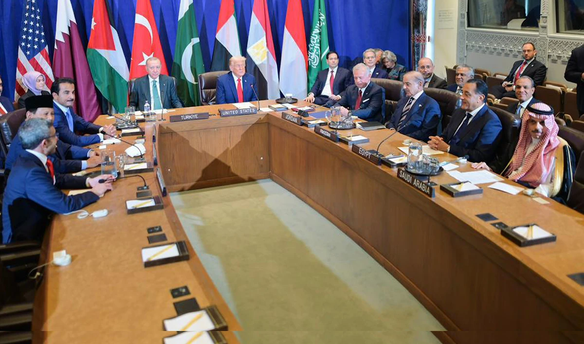 Pakistan Prime Minister Shehbaz Sharif attends meeting of the Arab Islamic leaders hosted by US President Donald Trump and Qatar Emir Sheikh Tamim Bin Hamad Al Thani in New York on September 23, 2025. (Handout/PMO)