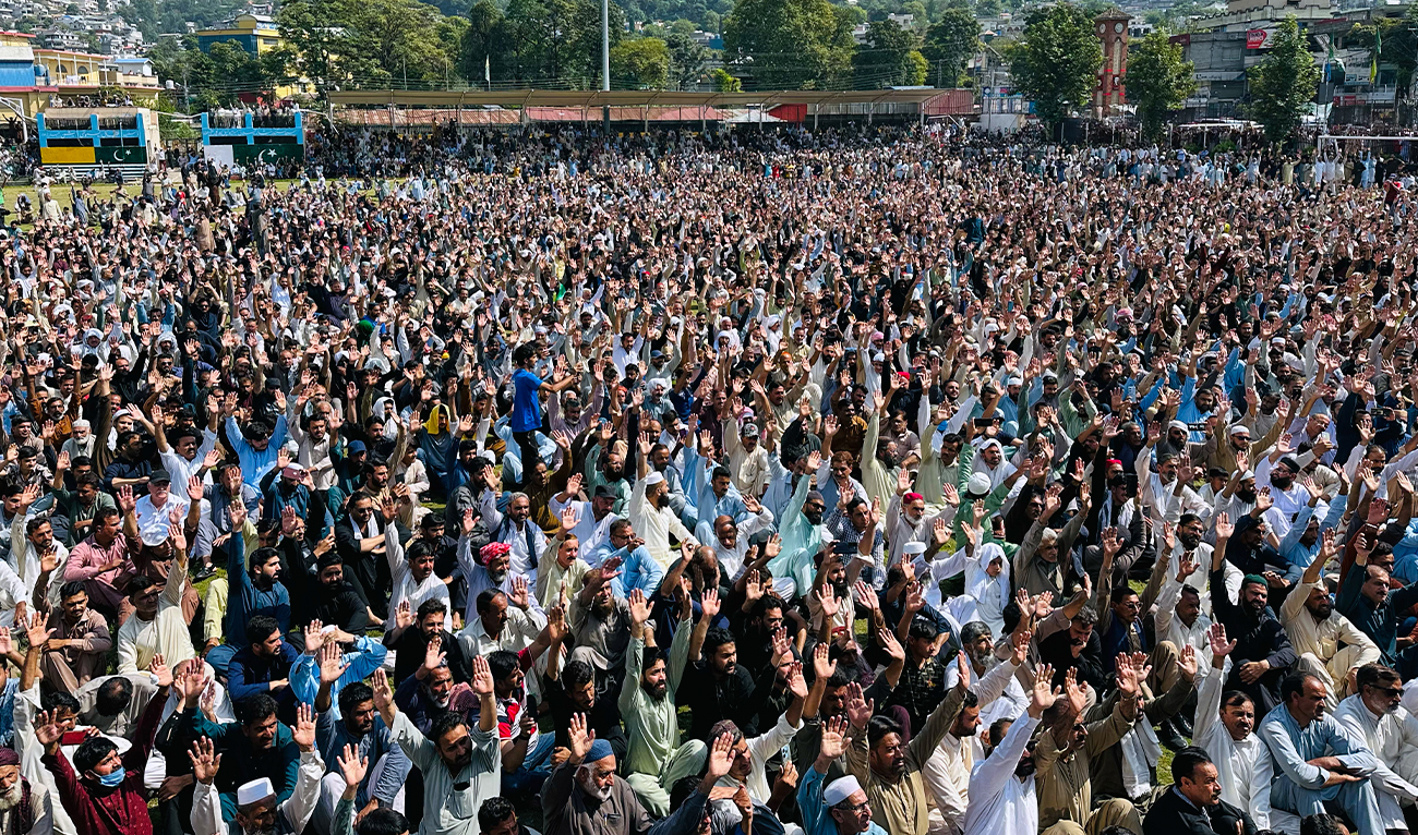 Members of Awami Action Committee chant slogans as they attend the funeral prayers of three victims, who were killed in Wednesday’s clashes between police and protesters, in Muzaffarabad, the capital of Azad Jammu Kashmir, Pakistan, on October 2, 2025. (AP)