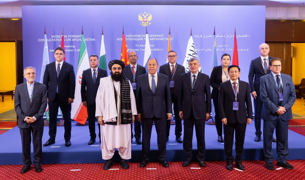Participants pose for a group photo at the 7th meeting of the Moscow Format Consultations on Afghanistan, in Moscow, Russia, on October 7, 2025. (Russian Embassy in Pakistan)