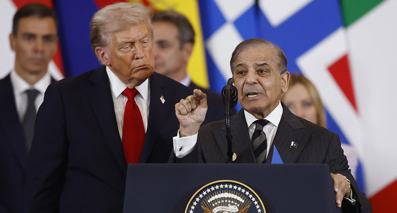 US President Donald Trump (C) listens to Pakistan's Prime Minister Shehbaz Sharif (R) as he delivers a statement during a summit on Gaza in Sharm el-Sheikh on October 13, 2025. (AFP/ file)