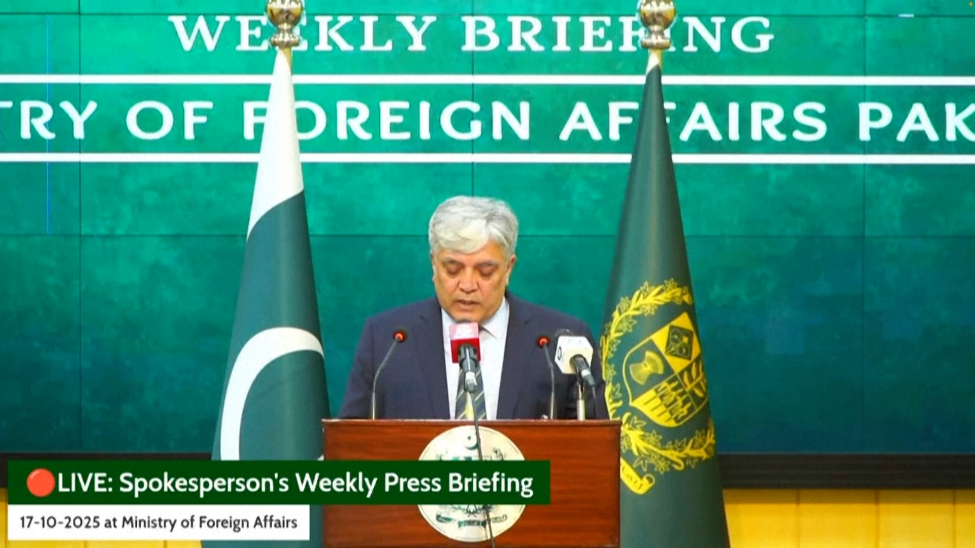 Pakistan Foreign Office Spokesperson Shafqat Ali Khan is addressing a weekly press briefing in Islamabad, Pakistan, on October 17, 2025. (Pakistan Foreign Office)