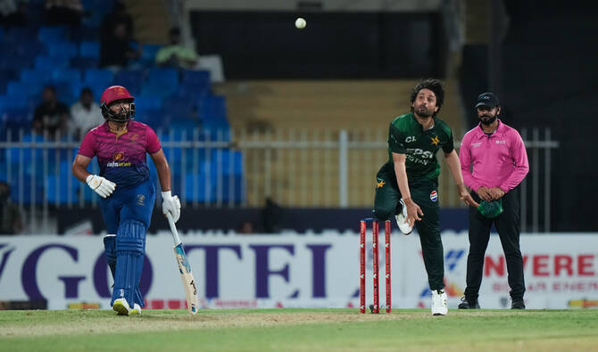 Pakistan Abrar Ahmed bowls during a T20 match against UAE in Sharjah on September 4, 2025. (Handout/PCB)