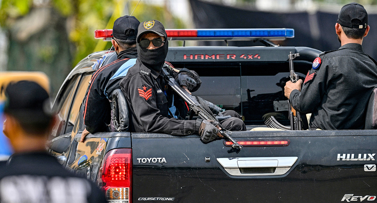 Pakistan's police commandos patrol along a street outside the National Stadium in Karachi on February 17, 2025. (AFP/ file)