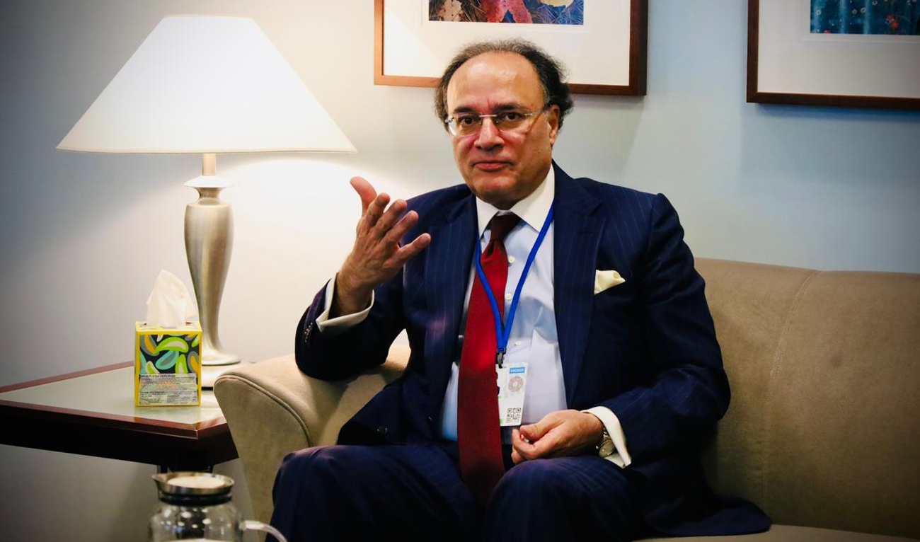 Federal Minister for Finance and Revenue, Muhammad Aurangzeb, speaks during a meeting with Baroness Jenny Chapman, UK Minister for International Development and Africa, on the sidelines of the Annual Meetings of the IMF and World Bank in Washington D.C., on October 18, 2025. (Finance Ministry/File)