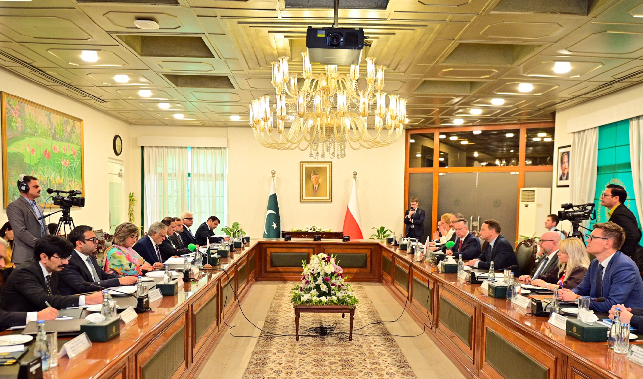 The handout photograph released on October 23, 2025, shows the visiting delegation of Poland meeting Pakistani foreign ministry officials, including Deputy Prime Minister and Foreign Minister Ishaq Dar (fourth left), in Islamabad, Pakistan. (MOFA)