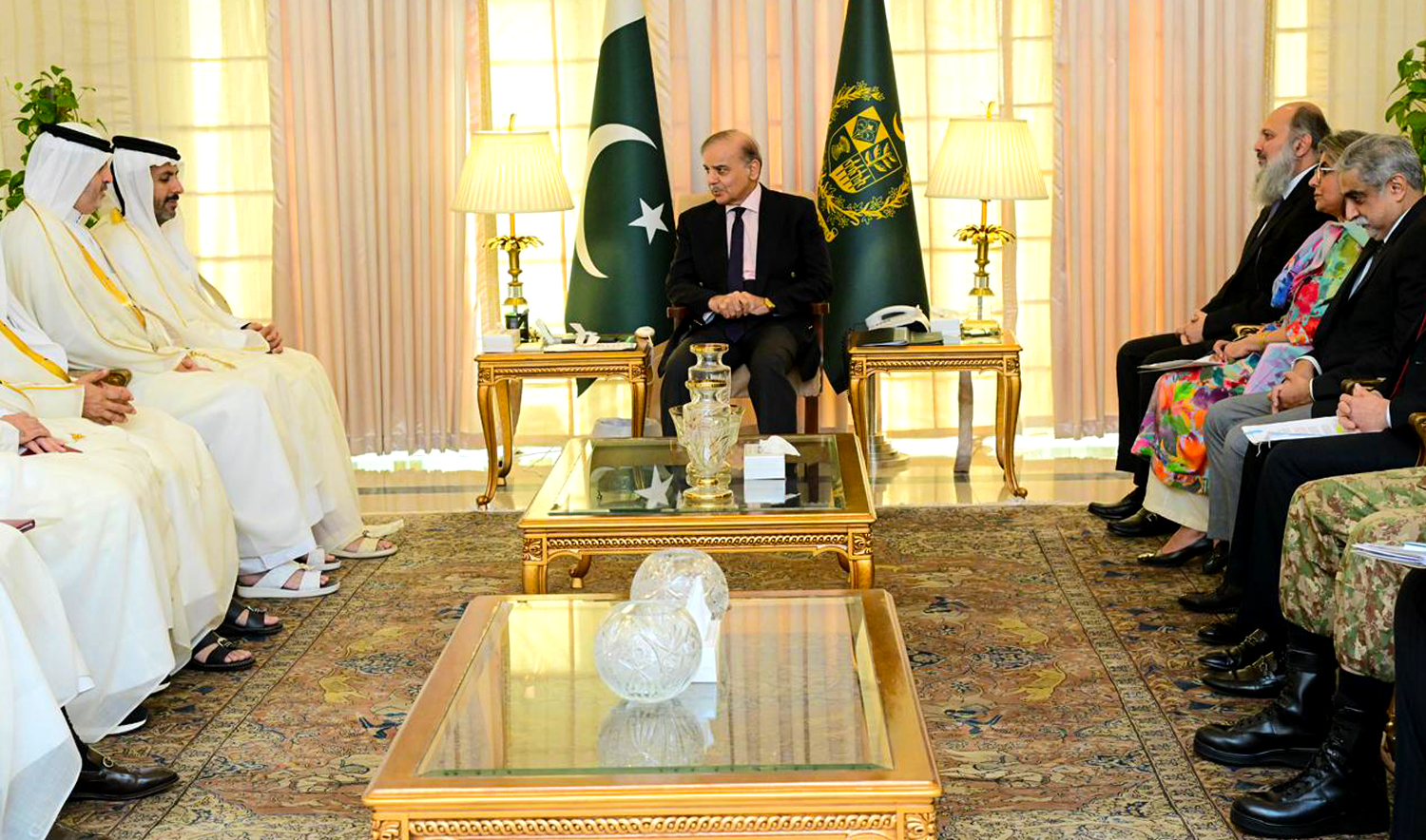 Qatari Commerce and Industry Minister Sheikh Faisal bin Thani bin Faisal Al-Thani calls on Pakistan Prime Minister Shehbaz Sharif (center) in Islamabad, Pakistan, on October 24, 2025. (Government of Pakistan)