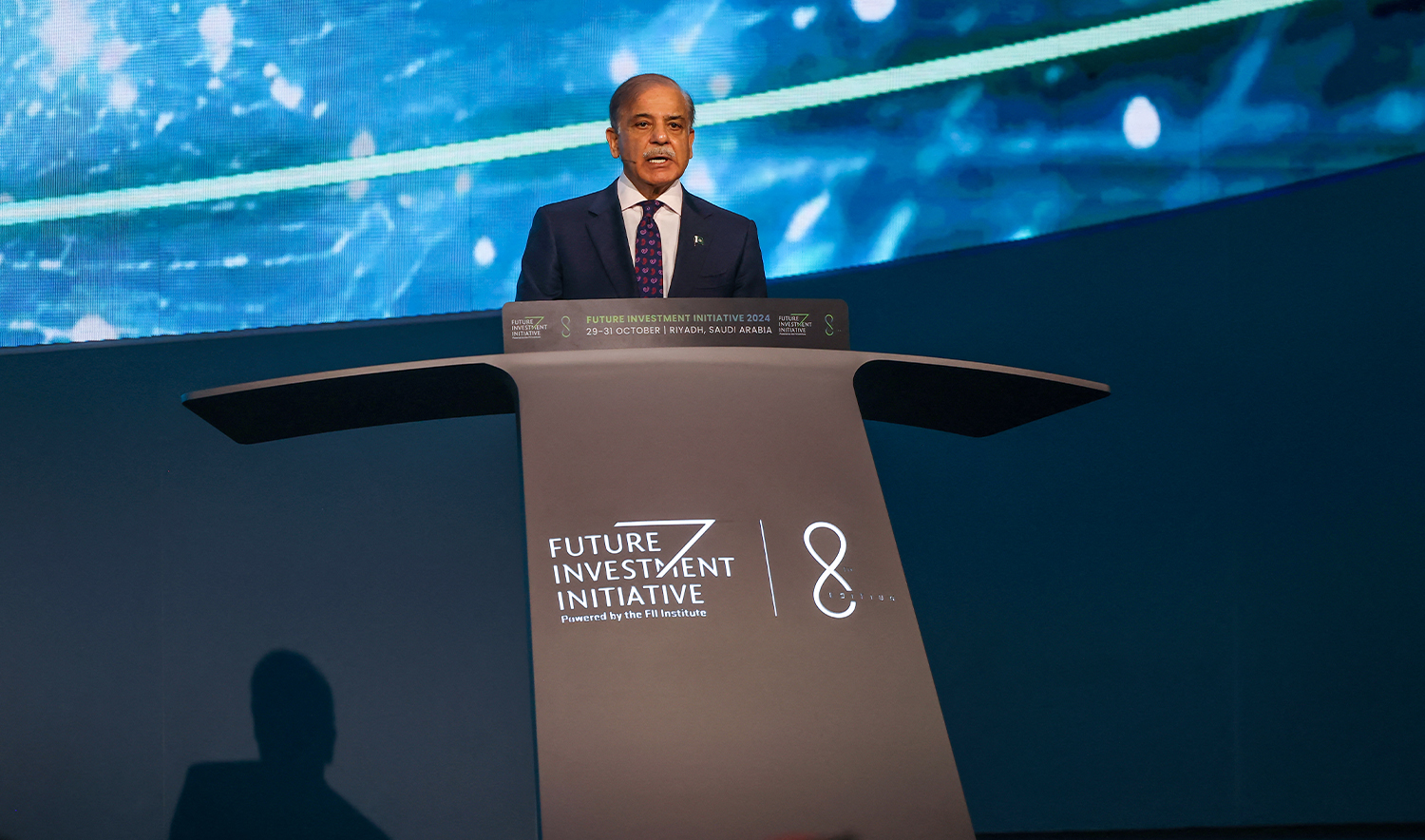 Pakistan's Prime Minister Shehbaz Sharif speaks during the annual Future Investment Initiative (FII) conference in Riyadh on October 29, 2024. (AFP/File)