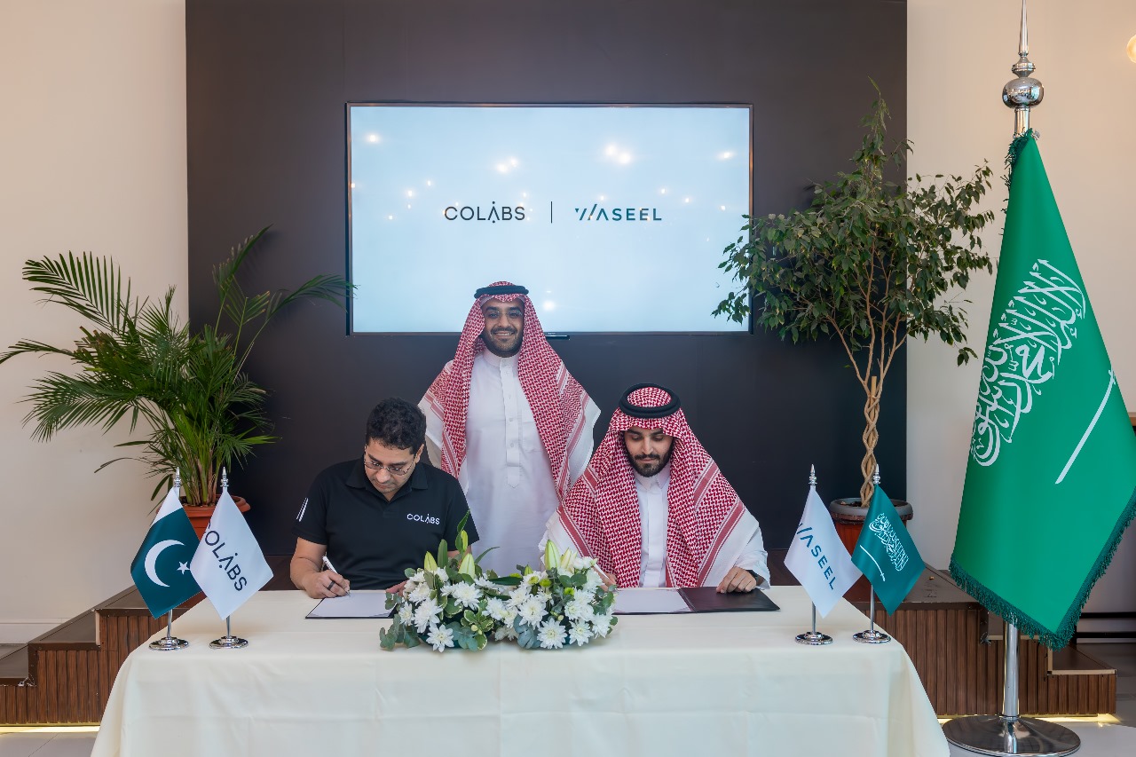 This handout photo, released on October 26, 2025, shows officials from Pakistani startup COLABS and Saudi entity Waseel Investment signing a partnership. (Handout)
