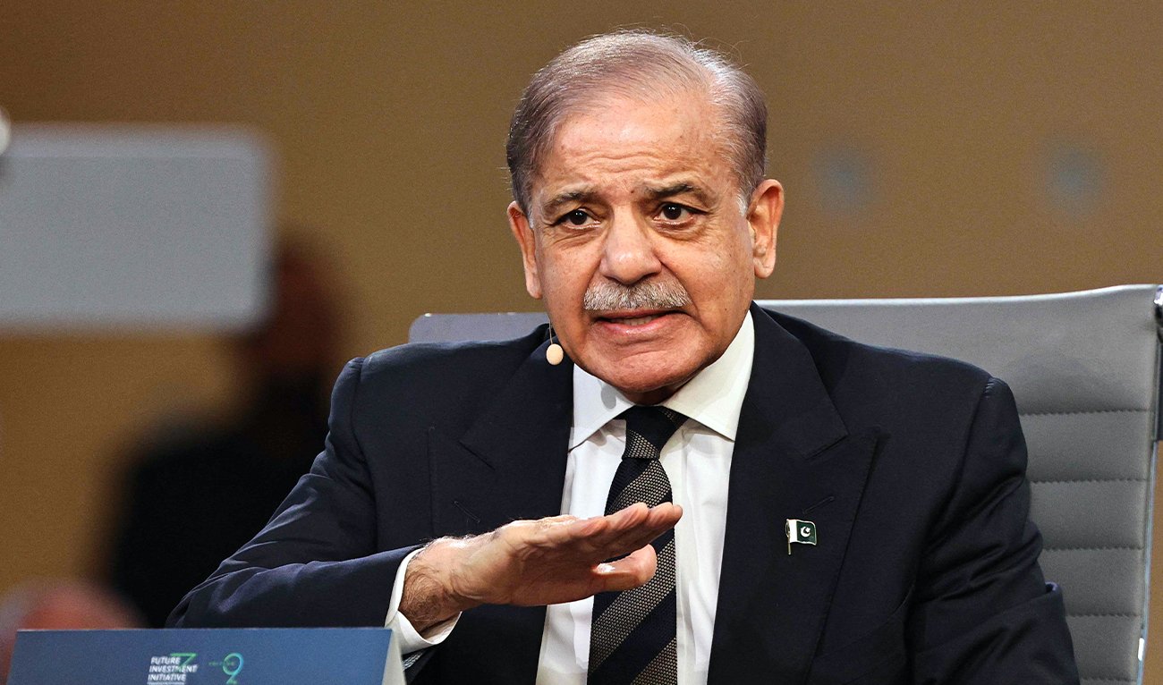 Pakistan’s Prime Minister Shahbaz Sharif speaks during the Future Investment Initiative (FII) conference in Riyadh, Saudi Arabia, on October 28, 2025. (AFP)