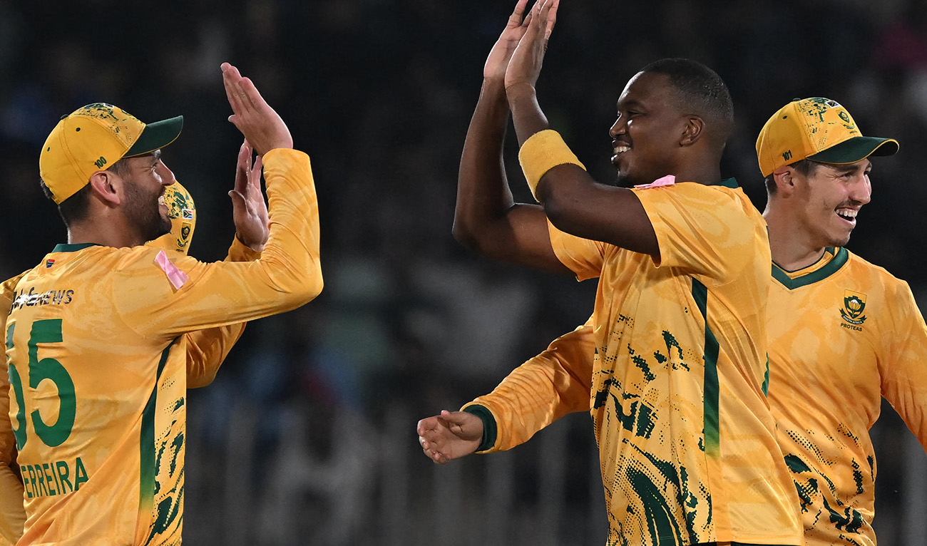 South Africa's Lungi Ngidi (2R) celebrates with teammates after taking the wicket of Pakistan's Hasan Nawaz (not pictured) during the first Twenty20 international cricket match between Pakistan and South Africa at the Rawalpindi Cricket Stadium in Rawalpindi on October 28, 2025. (AFP)