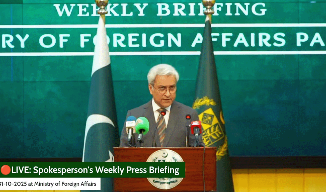 Screengrab taken from the live transmission of foreign office's press briefing showing Pakistani foreign office spokesman Tahir Andrabi speaking to the media in Islamabad, Pakistan, on October 31, 2025. (MOFA/YouTube)