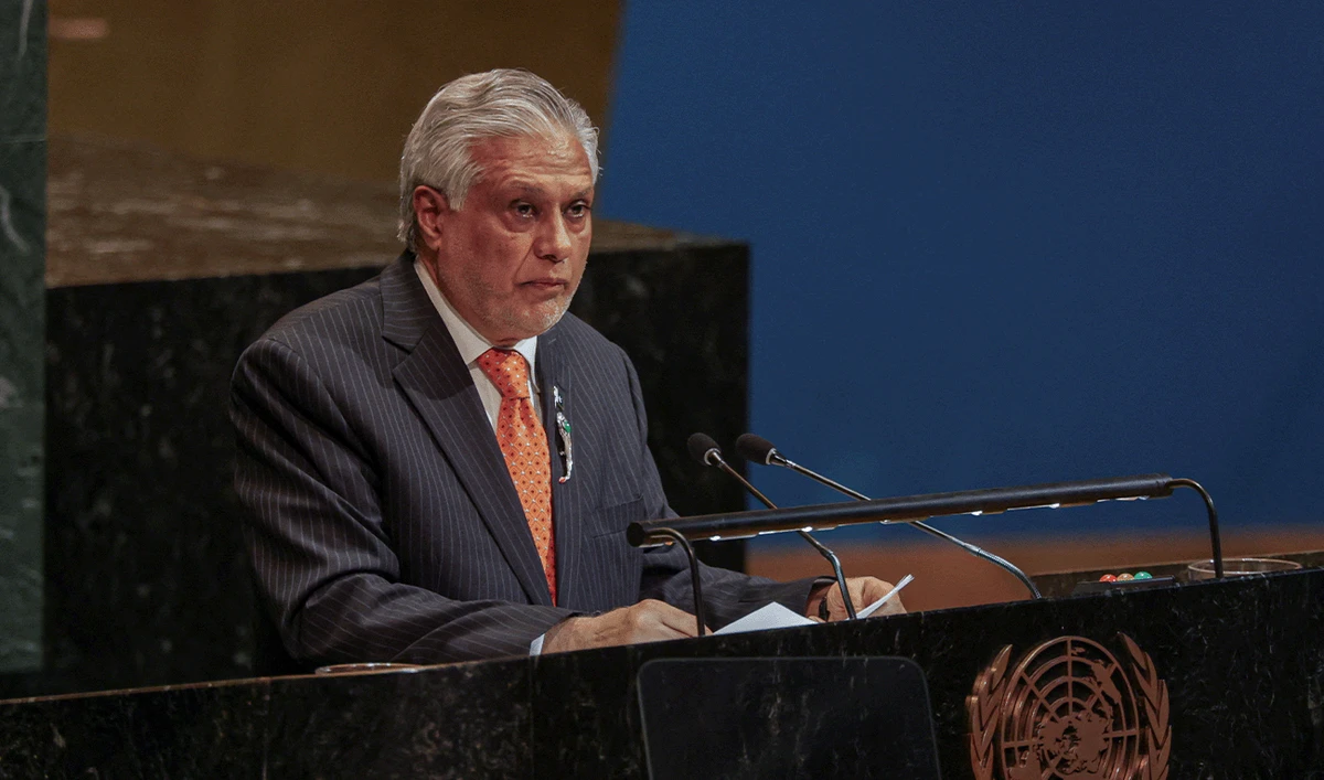 Ishaq Dar, Deputy Prime Minister and Minister for Foreign Affairs of Pakistan, speaks during a High-level International Conference for the Peaceful Settlement of the Question of Palestine and the Implementation of the Two-State Solution at UN headquarters in New York City, US, July 28, 2025. (Reuters/File)