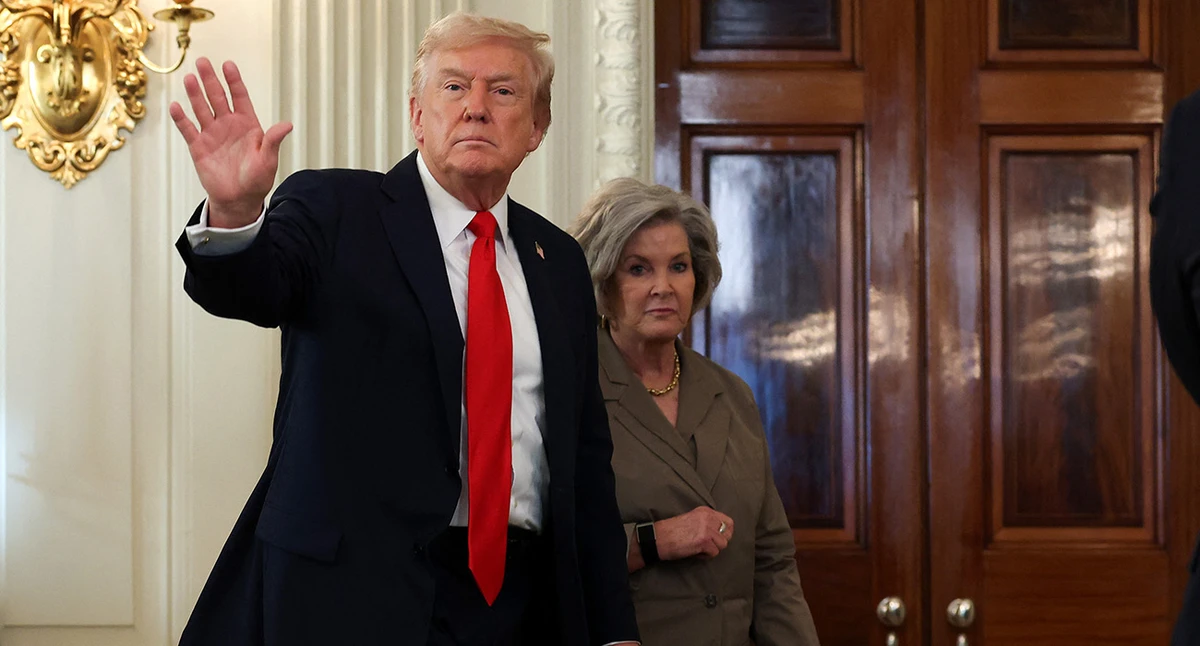 U.S. President Donald Trump departs with White House Chief of Staff Susie Wiles following a roundtable discussion in the State Dining Room of the White House on October 08, 2025 in Washington, DC.(AFP)