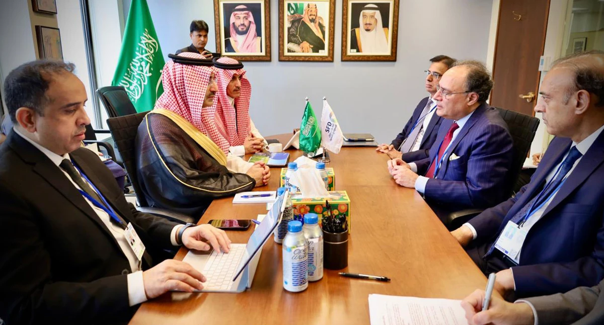 Pakistan’s Finance Minister Muhammad Aurangzeb in a meeting with the CEO of the Saudi Fund for Development (SFD) in Washington, USA, on October 15, 2025. (Foreign Ministry)