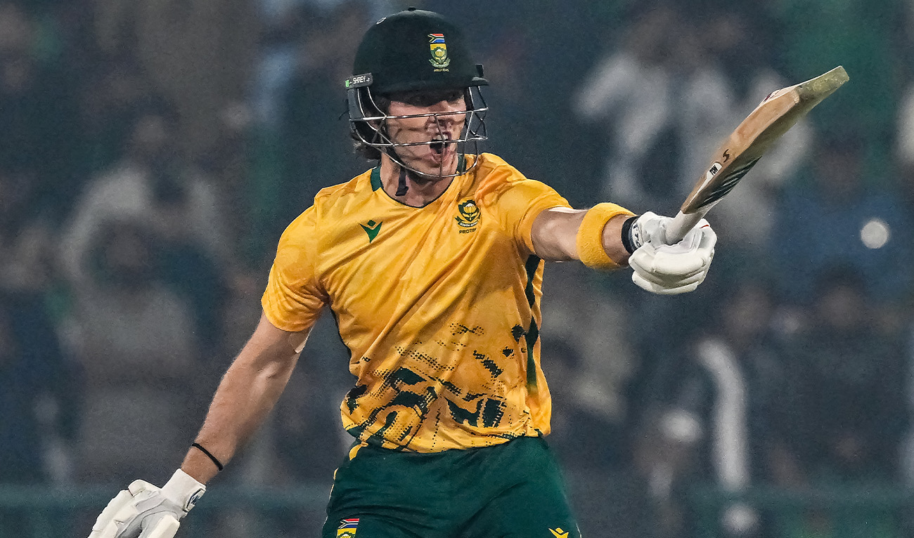 South Africa's Dewald Brevis reacts during the third and final Twenty20 international cricket match between Pakistan and South Africa at the Gaddafi Stadium in Lahore on November 1, 2025. (AFP/ file)