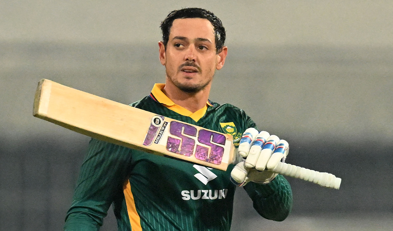 South Africa's Quinton de Kock celebrates after scoring a century (100 runs) during the second one-day international (ODI) cricket match between Pakistan and South Africa at the Iqbal Stadium in Faisalabad on November 6, 2025. (AFP)