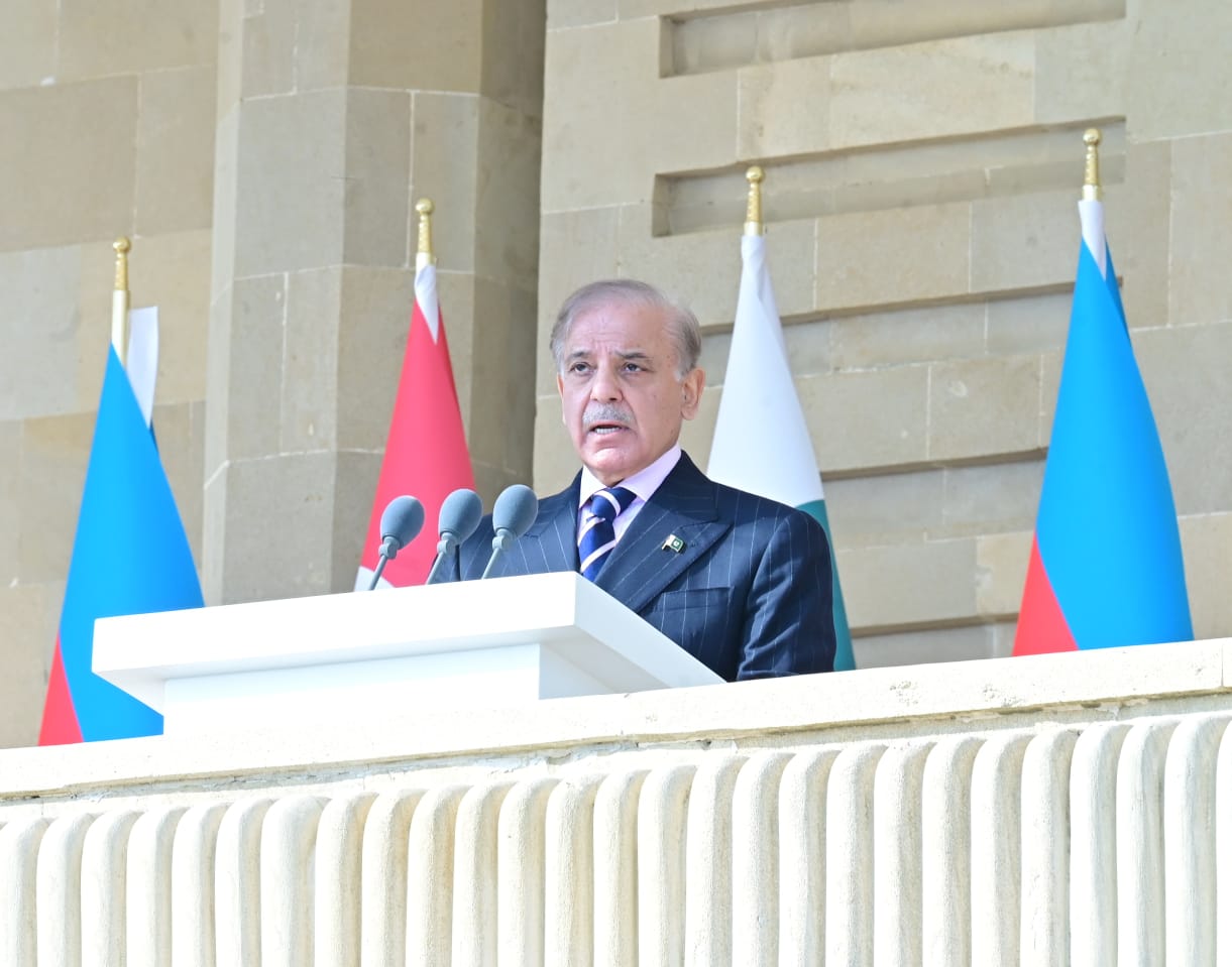 Pakistan Prime Minister Shehbaz Sharif delivers speech at a ceremony of Victory Day of Azerbaijan in Baku on November 8, 2025. (Handout/PMO)