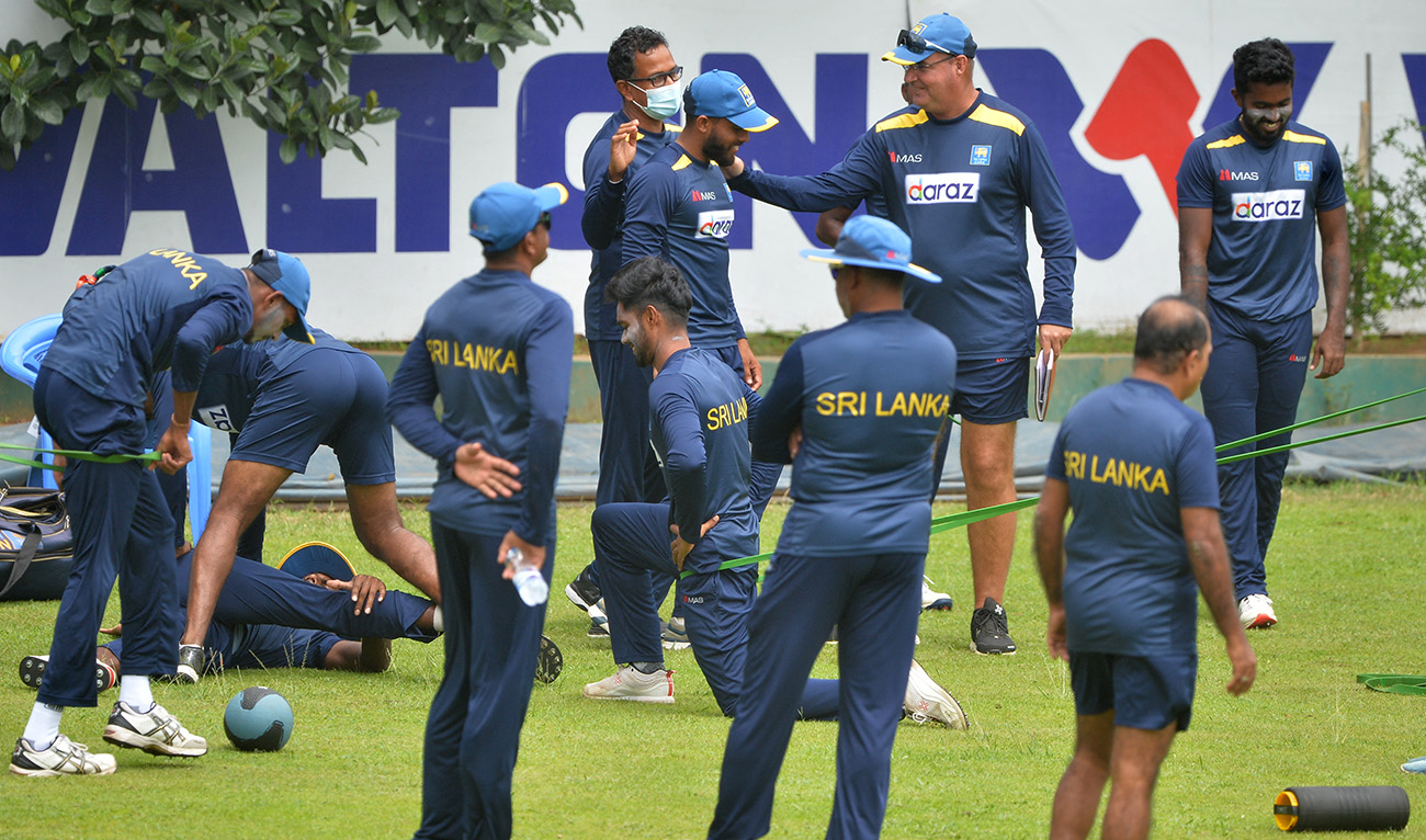 Sri Lankan team members attend a practice session at the Sher-e-Bangla National Cricket Stadium in Dhaka on May 27, 2021, ahead of their third and final one-day international (ODI) cricket match against Bangladesh. (AFP/ file)