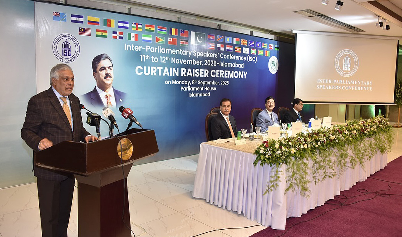 In this file photo, taken on September 8, 2025, Pakistan Foreign Minister Ishaq Dar announces Inter-Parliamentary Speakers Conference, scheduled for Nov.11 and 12, in Islamabad. (Handout/Senate/File)
