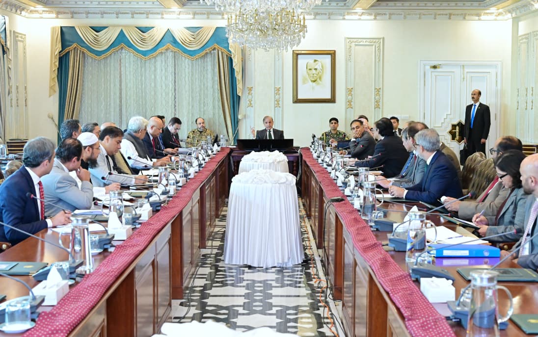 Pakistan Prime Minister Shehbaz Sharif speaks during a cabinet meeting in Islamabad on November 10, 2025. (Handout/PMO)