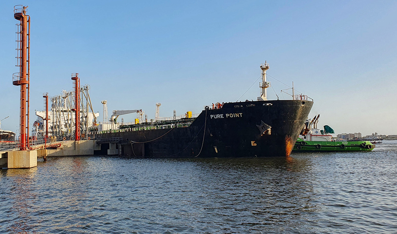 This handout photograph taken on June 11, 2023 and released by the Karachi Port Trust (KPT) shows a Russian cargo ship carrying crude oil at the port in Karachi. (AFP/ file)