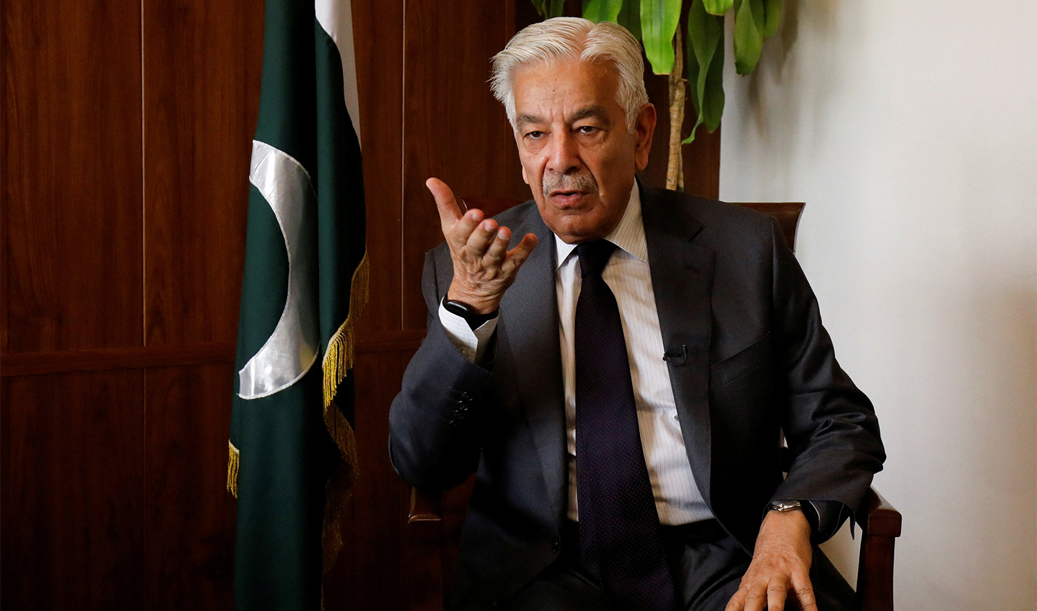 Pakistan's Defence Minister Khawaja Muhammad Asif speaks during an interview with Reuters in Islamabad, Pakistan, on October 20, 2025. (REUTERS/File)