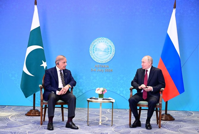 Pakistan Prime Minister Shehbaz Sharif meets Russian President Vladimir Putin at the sidelines of the Shanghai Cooperation Organization (SCO) leaders’ summit in Astana on July 3, 2024. (Government of Pakistan/File)