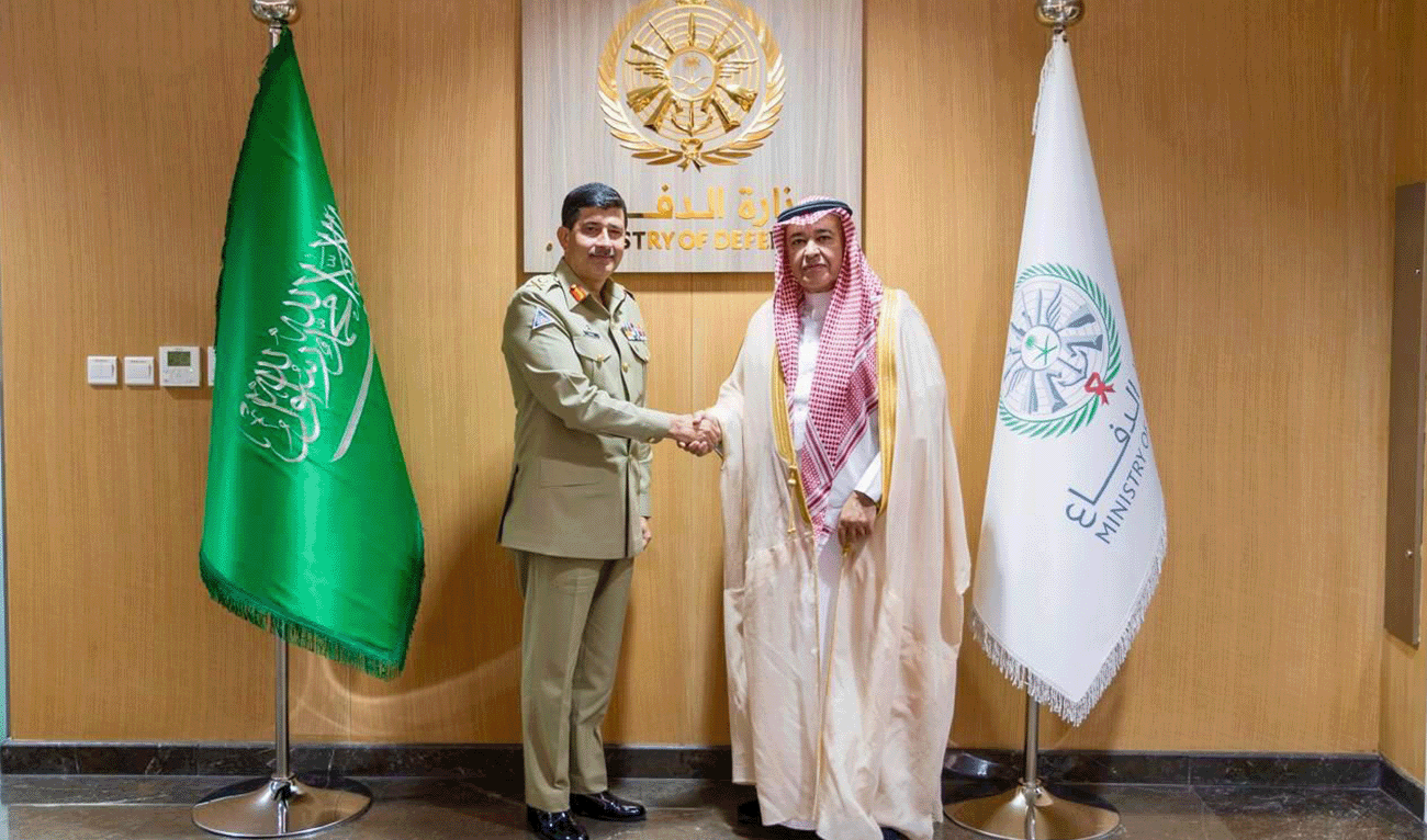 Pakistan’s Chief of General Staff Lt. Gen. Syed Aamer Raza (left), shaking hands with Saudi Arabia's Chief of General Staff, General Fayyadh Bin Hameed Al-Rowaily, in Riyadh, Saudi Arabia, in a picture shared by the media wing of Pakistan Army on November 14, 2025. (ISPR)