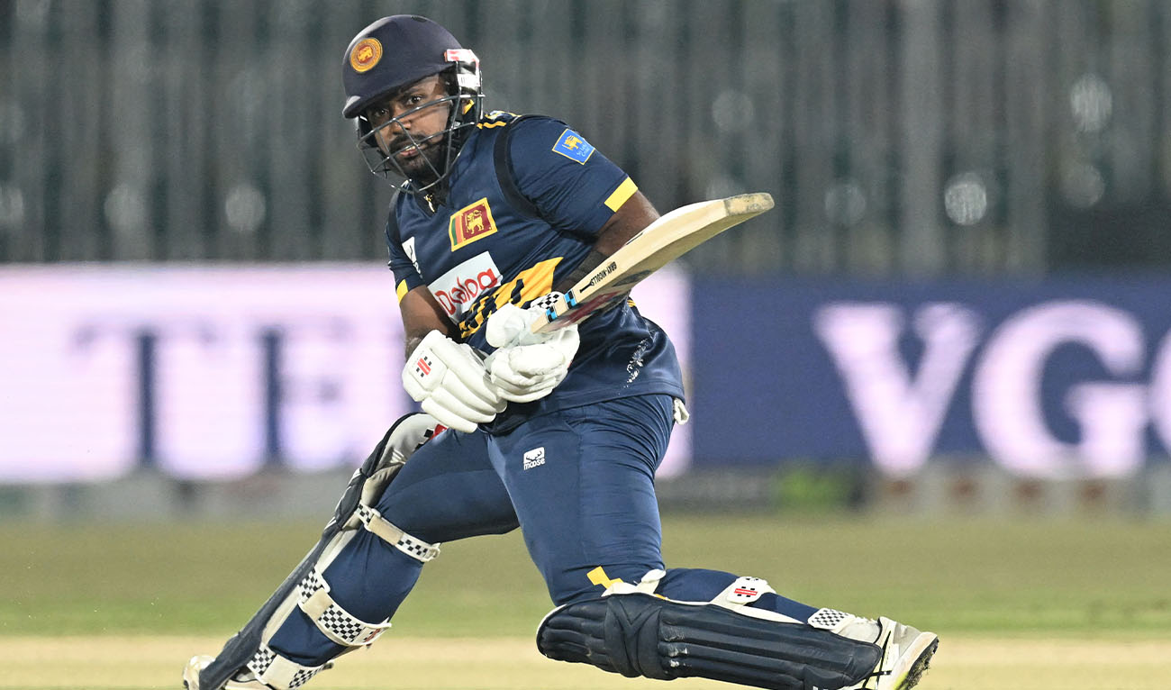 Sri Lanka's captain Charith Asalanka plays a shot during the first one-day international (ODI) cricket match between Pakistan and Sri Lanka at the Rawalpindi Cricket Stadium in Rawalpindi on November 11, 2025. (AFP)