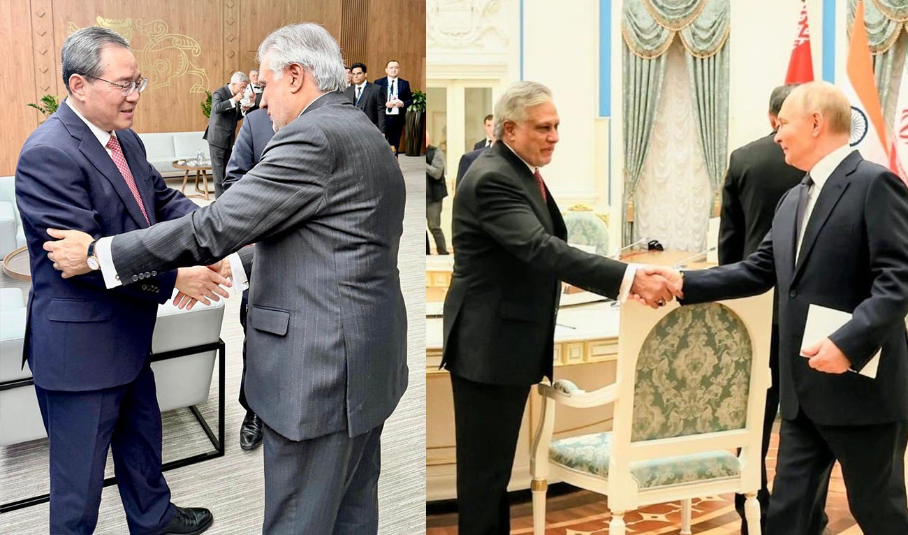 Pakistan’s Deputy Prime Minister Ishaq Dar meeting with Chinese PM Li Qiang (left) and President of Russia, Vladimir Putin, on the sidelines of Shanghai Cooperation Organization (SCO) summit. (@ForeignOfficePk/ X)