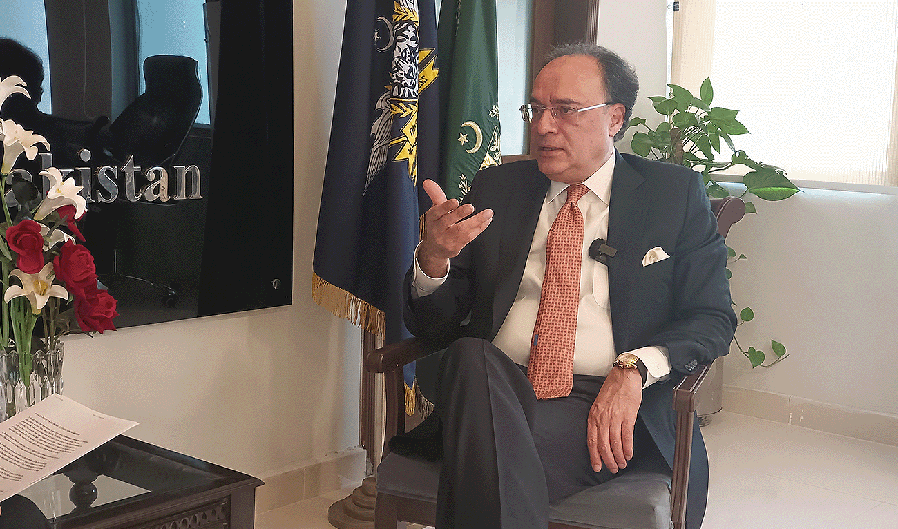 Pakistan’s Finance Minister Muhammad Aurangzeb speaking during an interview with Arab News in Islamabad on November 18, 2025. (AN Photo)