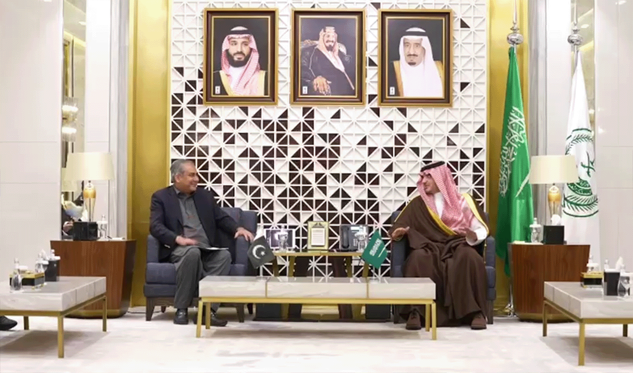 In a screengrab taken from a video shared by Government of Pakistan on November 25, 2025, Pakistan's Interior Minister, Mohsin Naqvi (left) in conversation with Saudi Arabia's Interior Minister Prince Abdulaziz bin Saud bin Naif in Riyadh, Saudi Arabia. (Government of Pakistan)