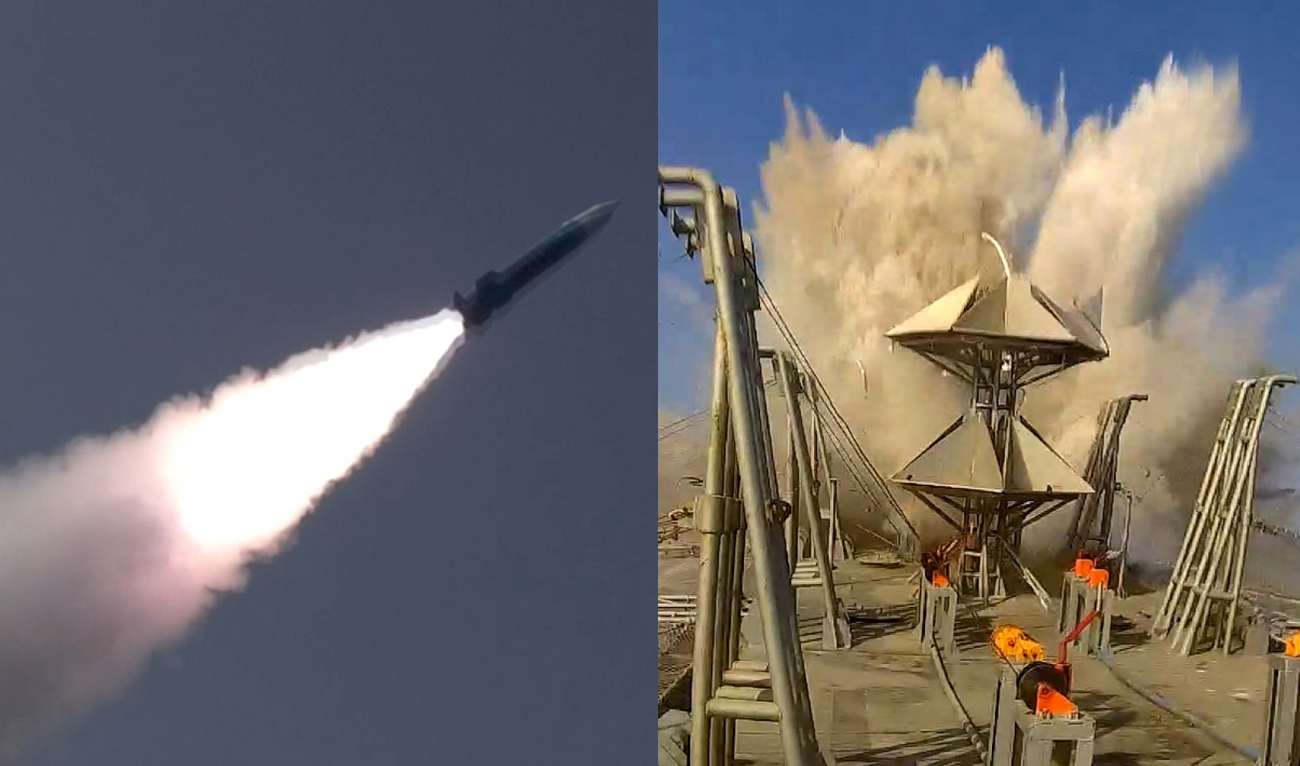The collage of image provided by Pakistan Navy shows a successful test flight of an indigenously developed anti-ship ballistic missile (left) on November 25, 2025. (Pakistan Navy)