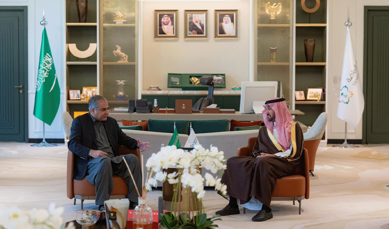 Pakistan's Interior Minister and Chairman Pakistan Cricket Board Mohsin Naqvi (left) in connversation with Saudi Arabia's Prince Abdulaziz Bin Turki Bin Faisal Al Saud in Riyadh, Saudi Arabia, on November 26, 2025. (Government of Pakistan)