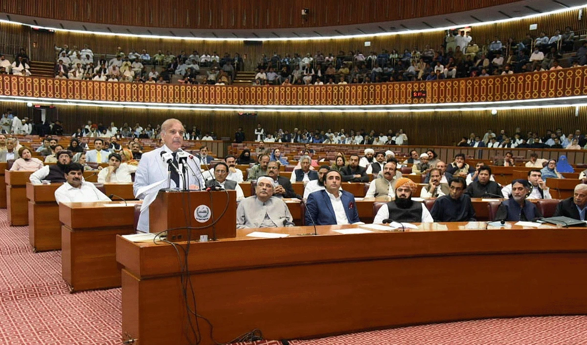 Pakistan's prime minister Shehbaz Sharif speaking at the national assembly, in Islamabad, Pakistan April 11, 2022. (Reuters/File)