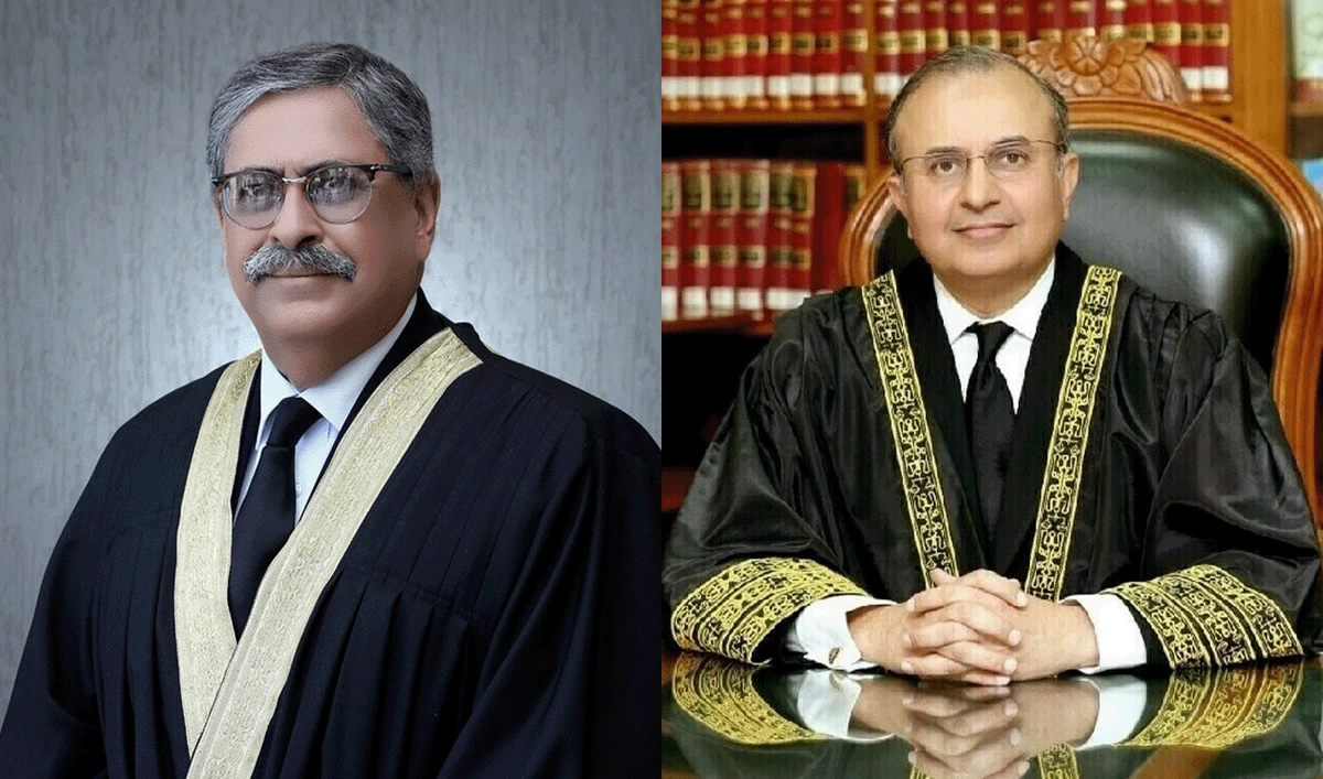 A collage created on November 13, 2025, showing Justice Athar Minallah (right) and Justice Mansoor Ali Shah of the Supreme Court of Pakistan. (website)